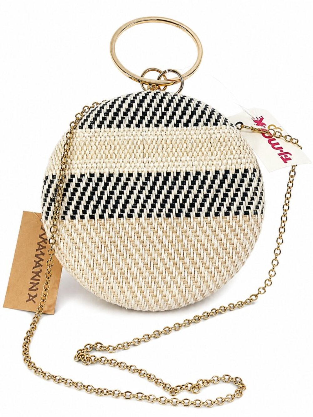 NWT Round Woven Fabric Crossbody Bag Gold Ring Handle